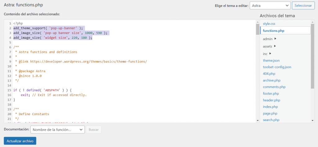 Archivo functions.php del tema Astra en WordPress