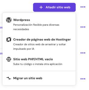 Opciones para añadir sitio web en hPanel