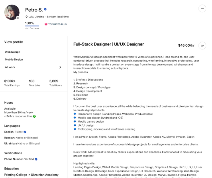 Perfil de freelancer en Upwork