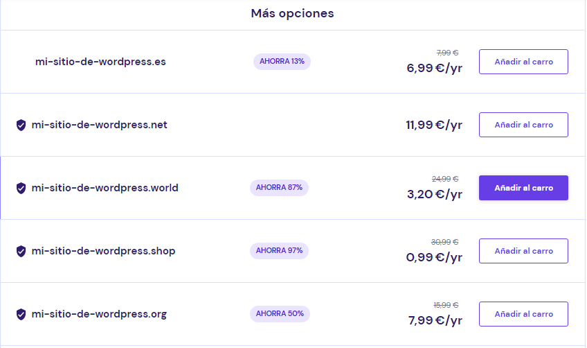 Precios de dominios en Hostinger