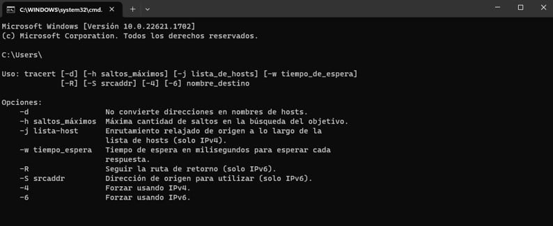 Descripción del uso del comando tracert