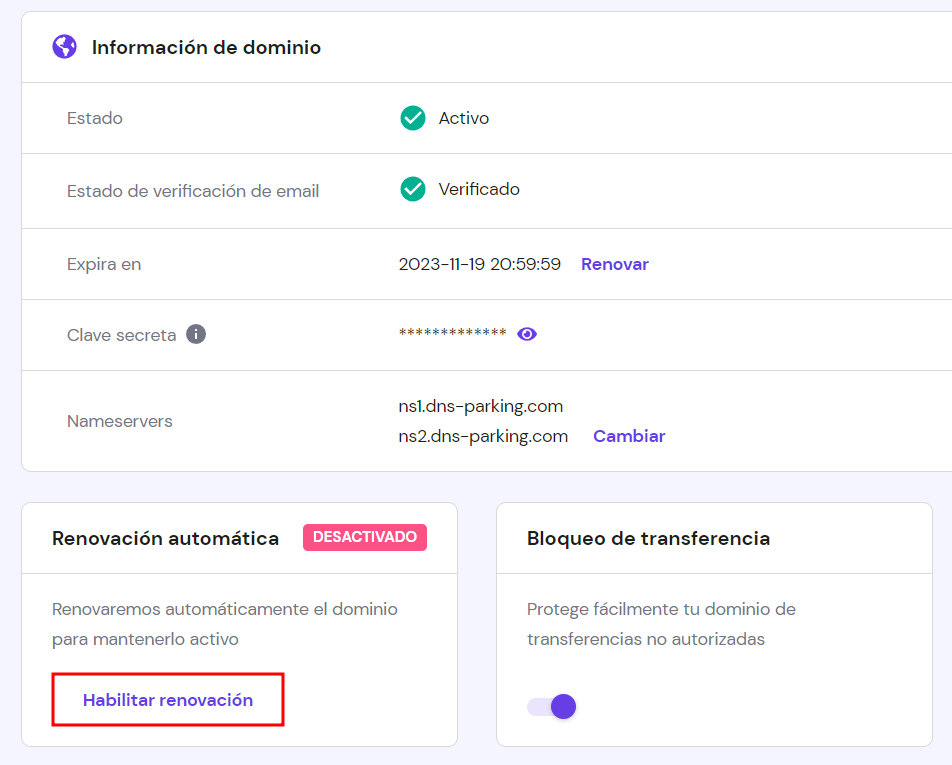 Habilitar renovación automática de dominio en el hPanel de Hostinger