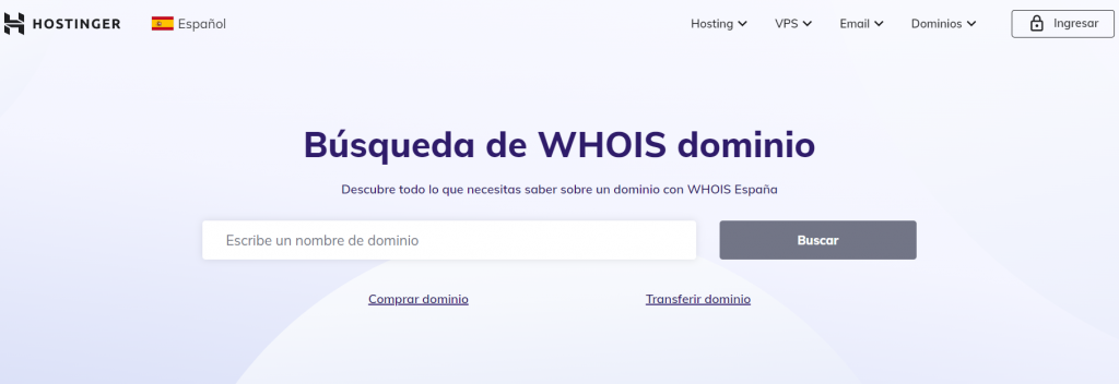 Imagen de la landing page de búsqueda de WHOIS de Hostinger