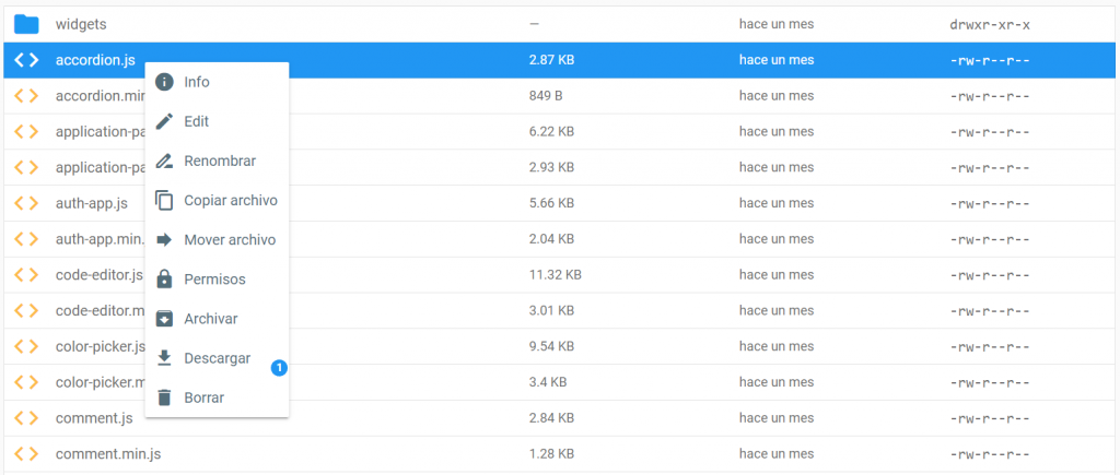 Opciones de archivo del Administrador de archivos de hPanel