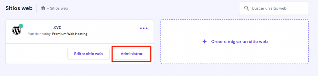 Pestaña para administrar sitios web en hPanel