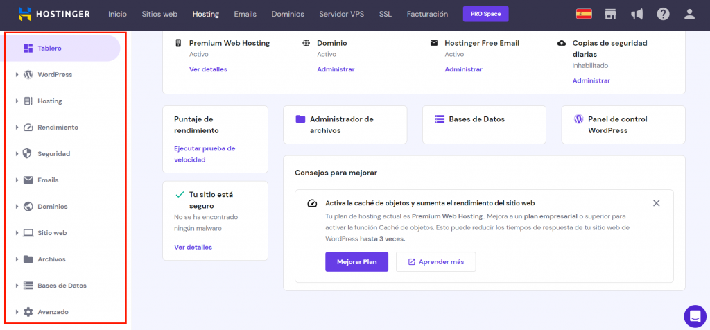 Sección de Hosting de hPanel