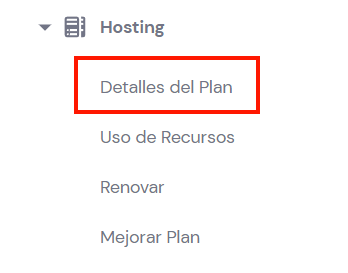 Ventana Detalles del Plan de la sección de Hosting en hPanel