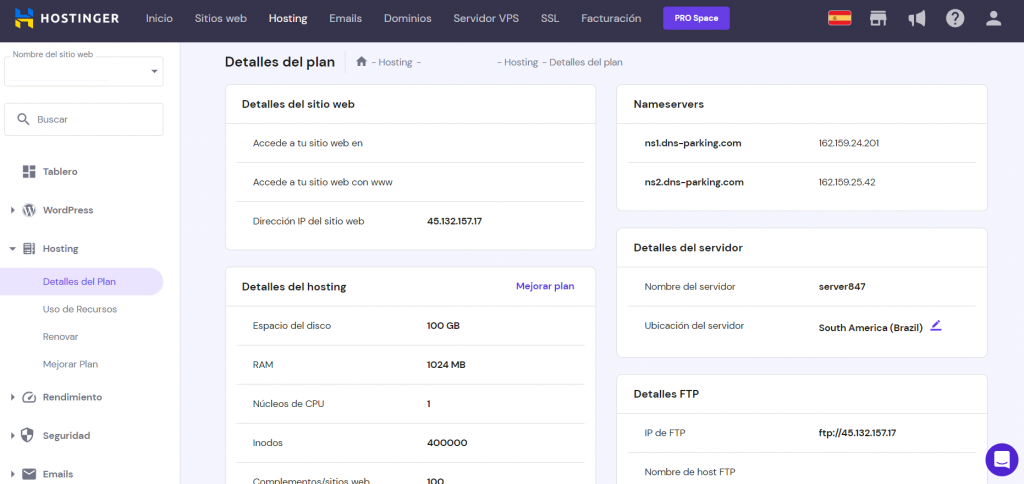 Sección Detalles del plan de hPanel