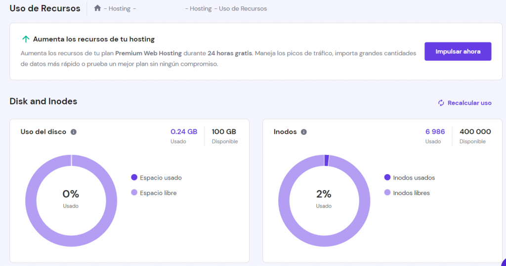 Sección Uso de Recursos de hPanel