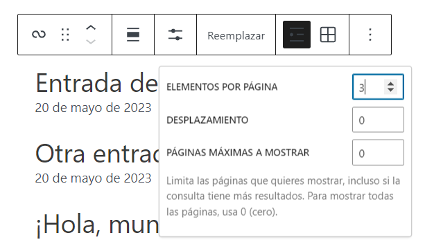 Opciones dentro de los ajustes de visualización de un bucle de consulta.