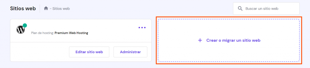 Pestaña Crear o migrar un sitio web de hPanel