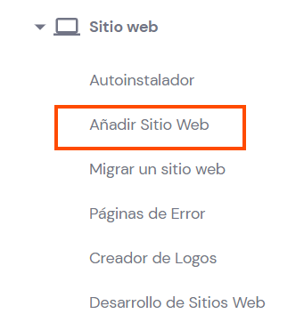 Ventana Añadir Sitio Web de la sección Sitio web de hPanel