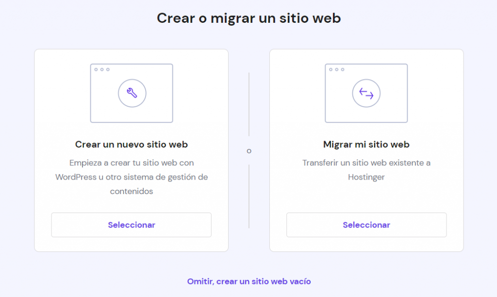 Página Añadir sitio web de hPanel