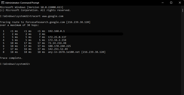 Visualización de un ejemplo del informe de resultados del comando tracert