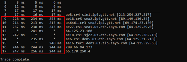 Ejemplo de un problema en tracert identificado por asteriscos