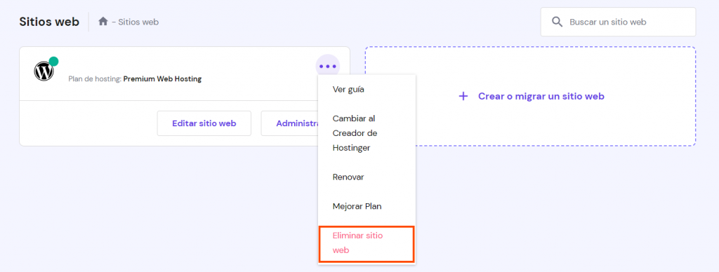 Pestaña para Eliminar sitio web de hPanel