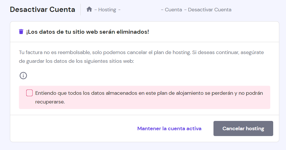 Ventana de advertencia para eliminar sitio web de hPanel