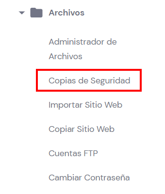 Sección archivos, pestaña Copias de Seguridad