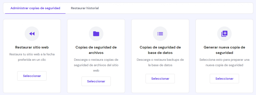 Sección Administrar copias de seguridad de hPanel