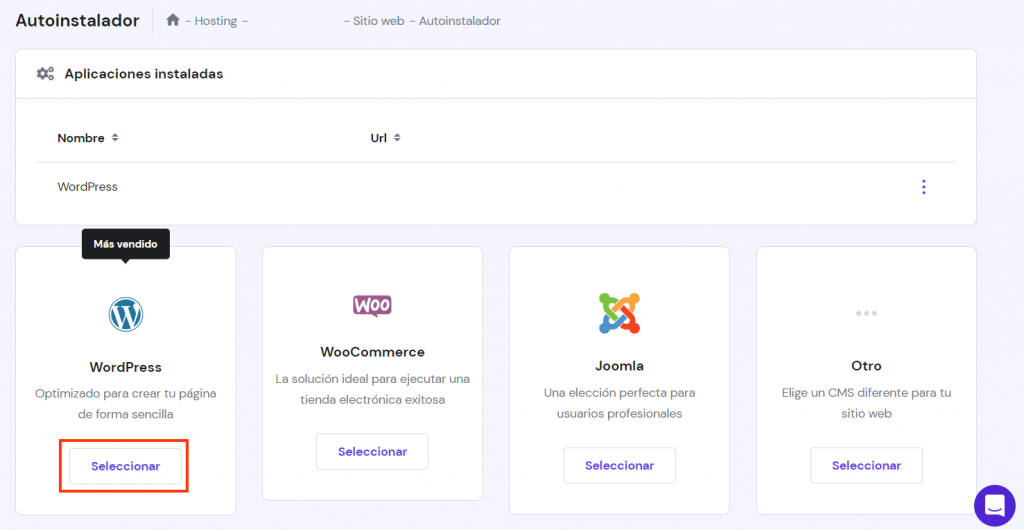 Sección de Autoinstalador de hPanel