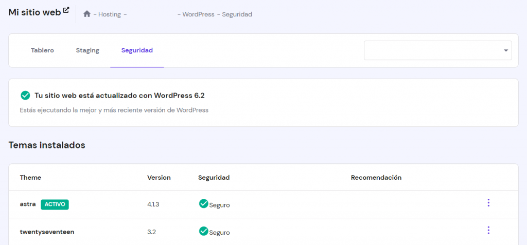 Sección WordPress, pestaña Seguridad en hPanel
