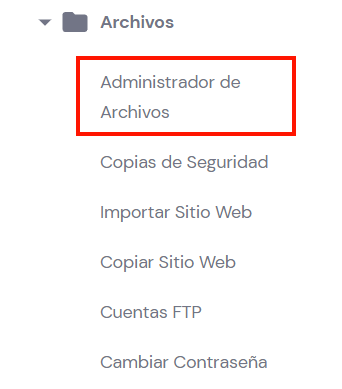 Sección Archivo, pestaña Administrador de Archivos en hpanel