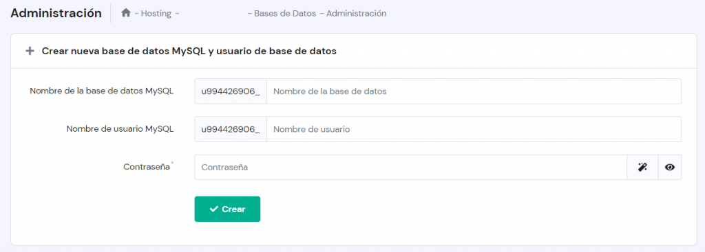 Sección Crear nueva base de datos MySQL y usuario de base de datos