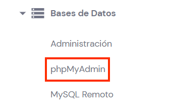 Sección Bases de datos, pestaña phpMyAdmin