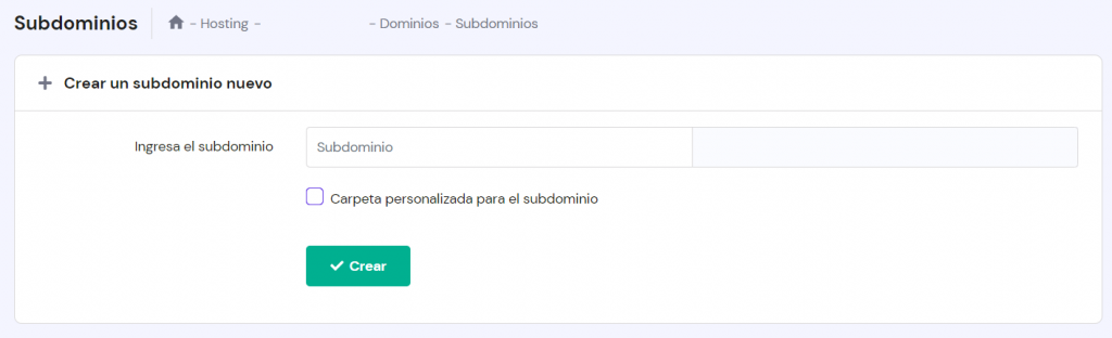 Sección Crear subdominio de hPanel