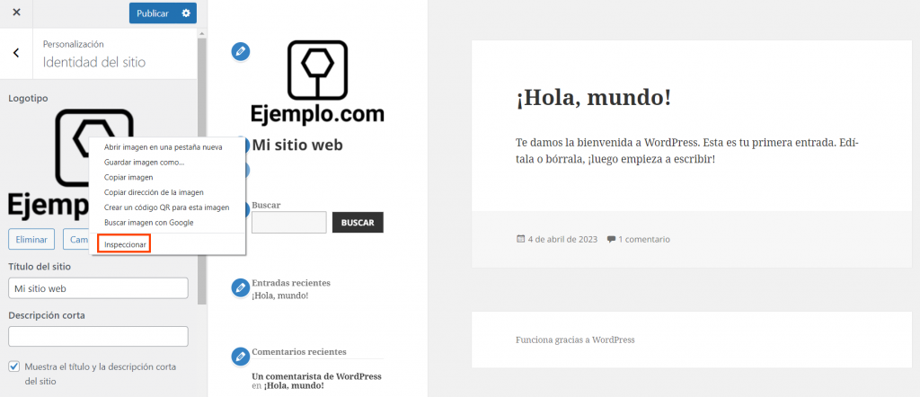 Opción Inspeccionar en el Personalizador de WordPress