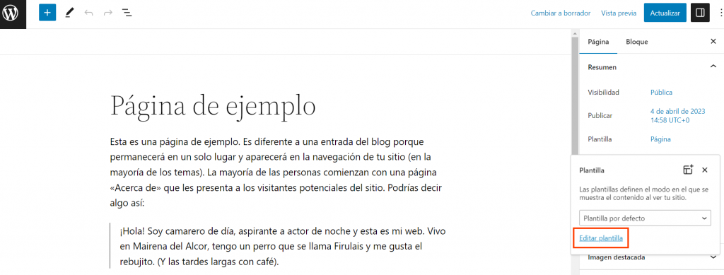 Opción Editar plantilla del editor de bloques de WordPress