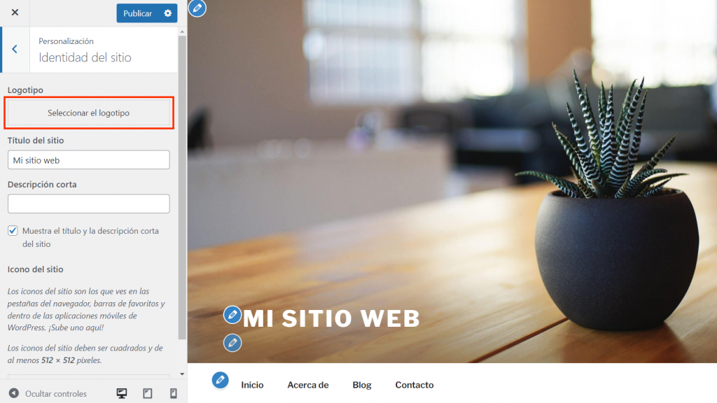 Opción Seleccionar el logotipo del Personalizador de WordPress