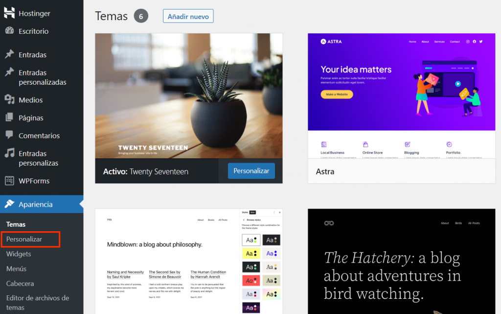 Opción Personalizar de la sección de temas de WordPress