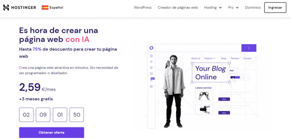 Página web de Hostinger para empezar a crear una web con IA