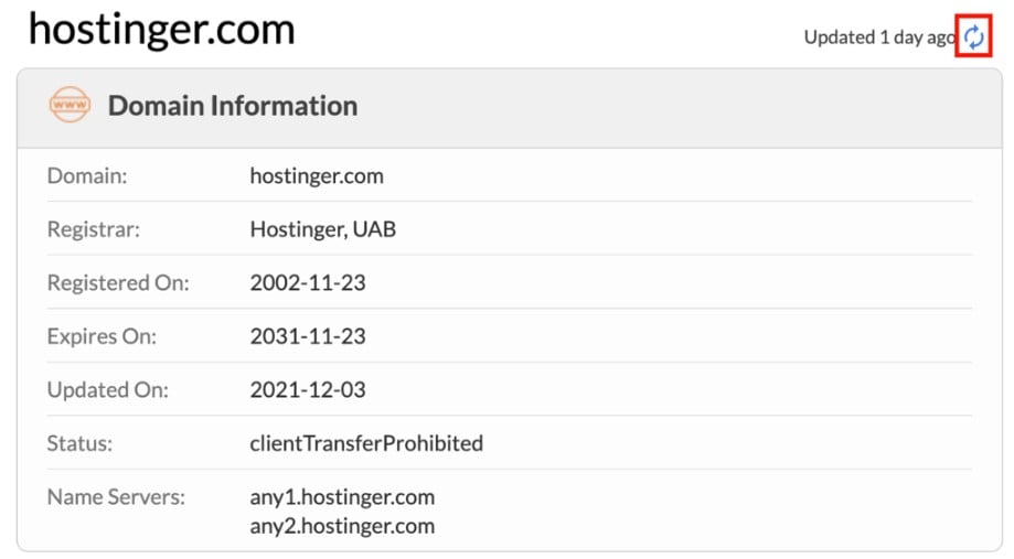 Visualización del botón para actualizar la información en la búsqueda WHOIS