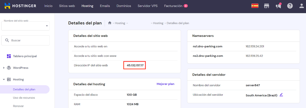 Ubicación de una dirección IP en hPanel