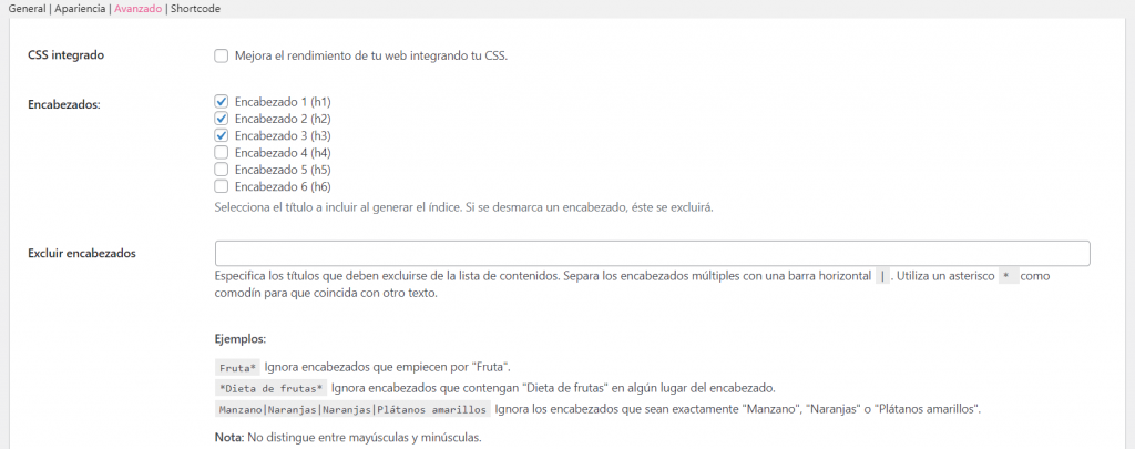 Configuración avanzada de la tabla de contenido en WordPress