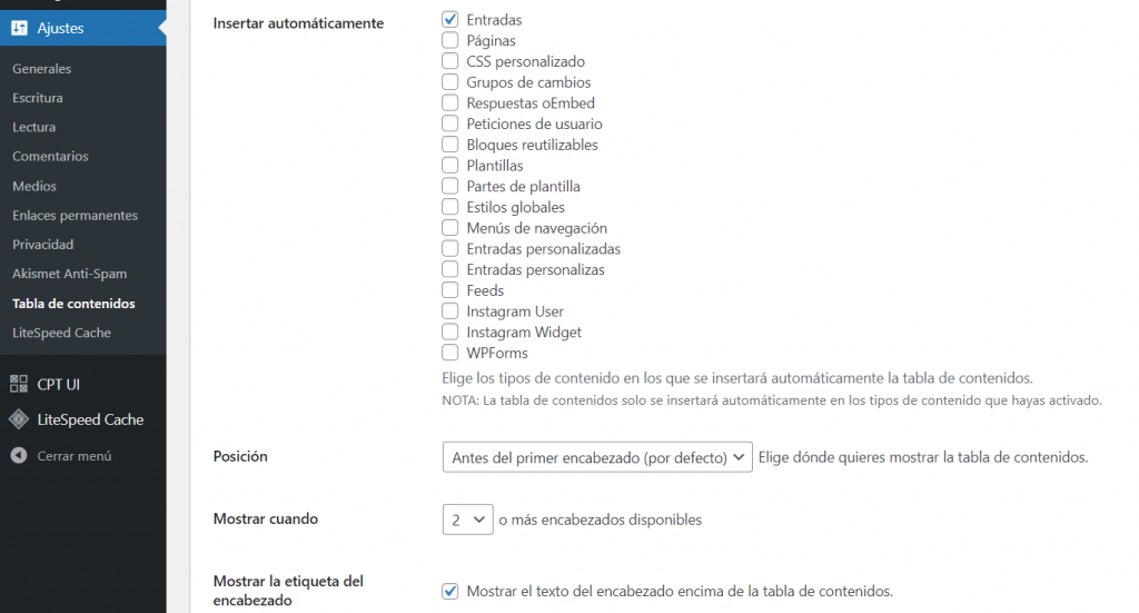 Sección de Tabla de contenidos de ajustes en WordPress