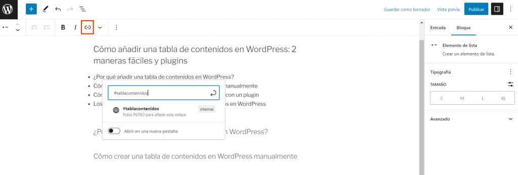 Añadir un enlace en el editor de bloques de WordPress