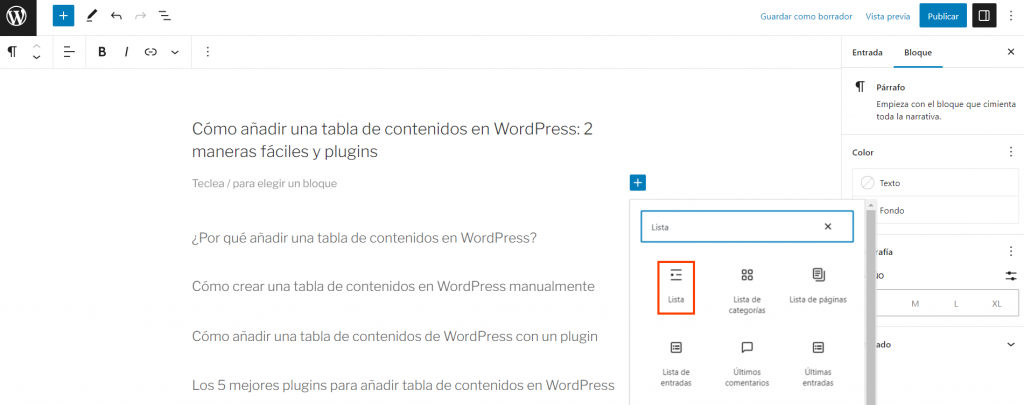 Añadir Lista en el editor de bloques de WordPress