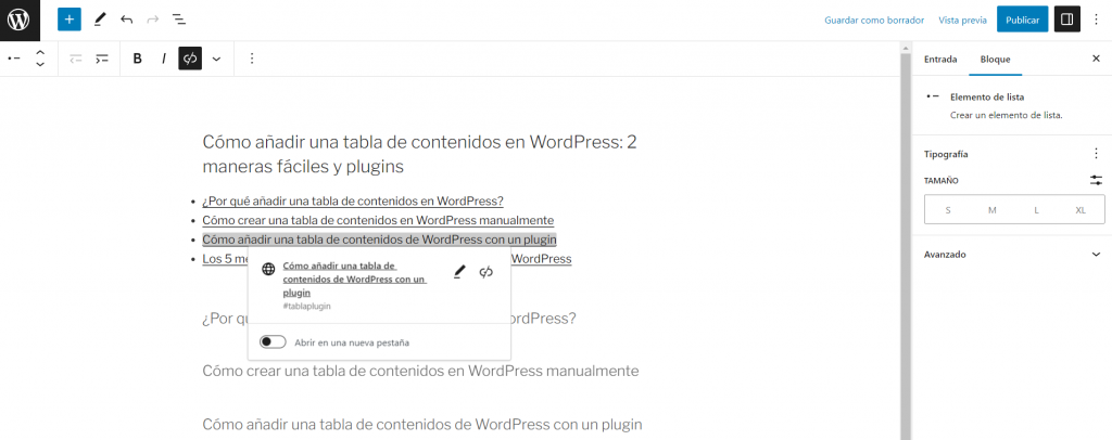 Editar un enlace en el editor de bloques de WordPress