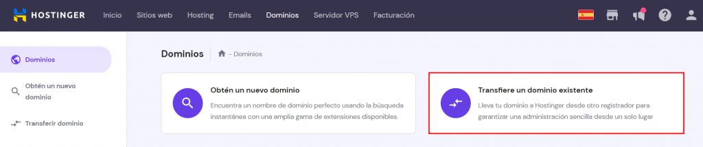 Sección transfiere un dominio existente en el hPanel de Hostinger.