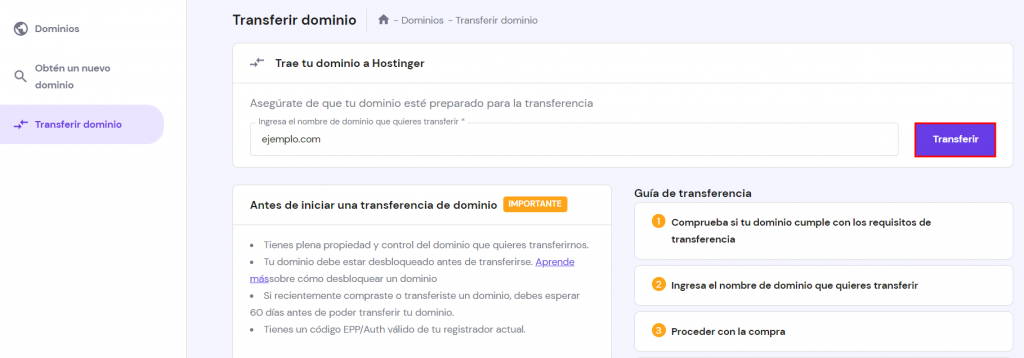 Sección transferir dominio en el hPanel de Hostinger.