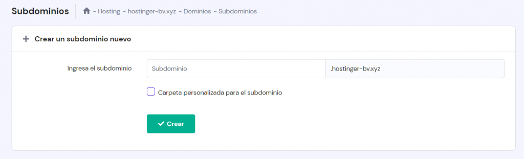 Imagen que muestra la sección de hPanel para crear un subdominio nuevo.