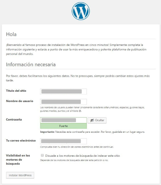 Ventana de bienvenida en la instalación de WordPress