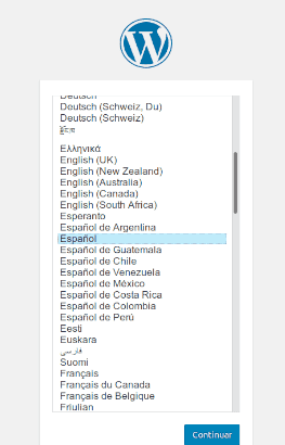 Ventana de idiomas en la instalación de WordPress