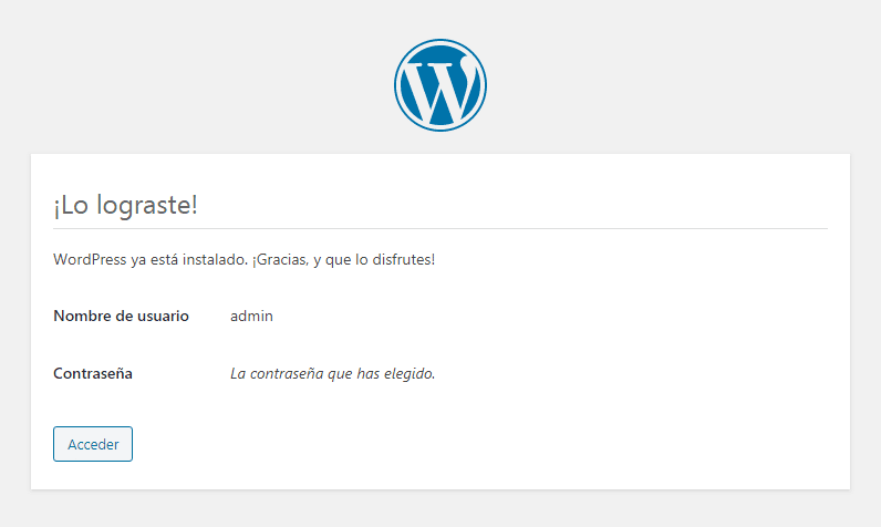 Ventana Lo lograste en la instalación de WordPress