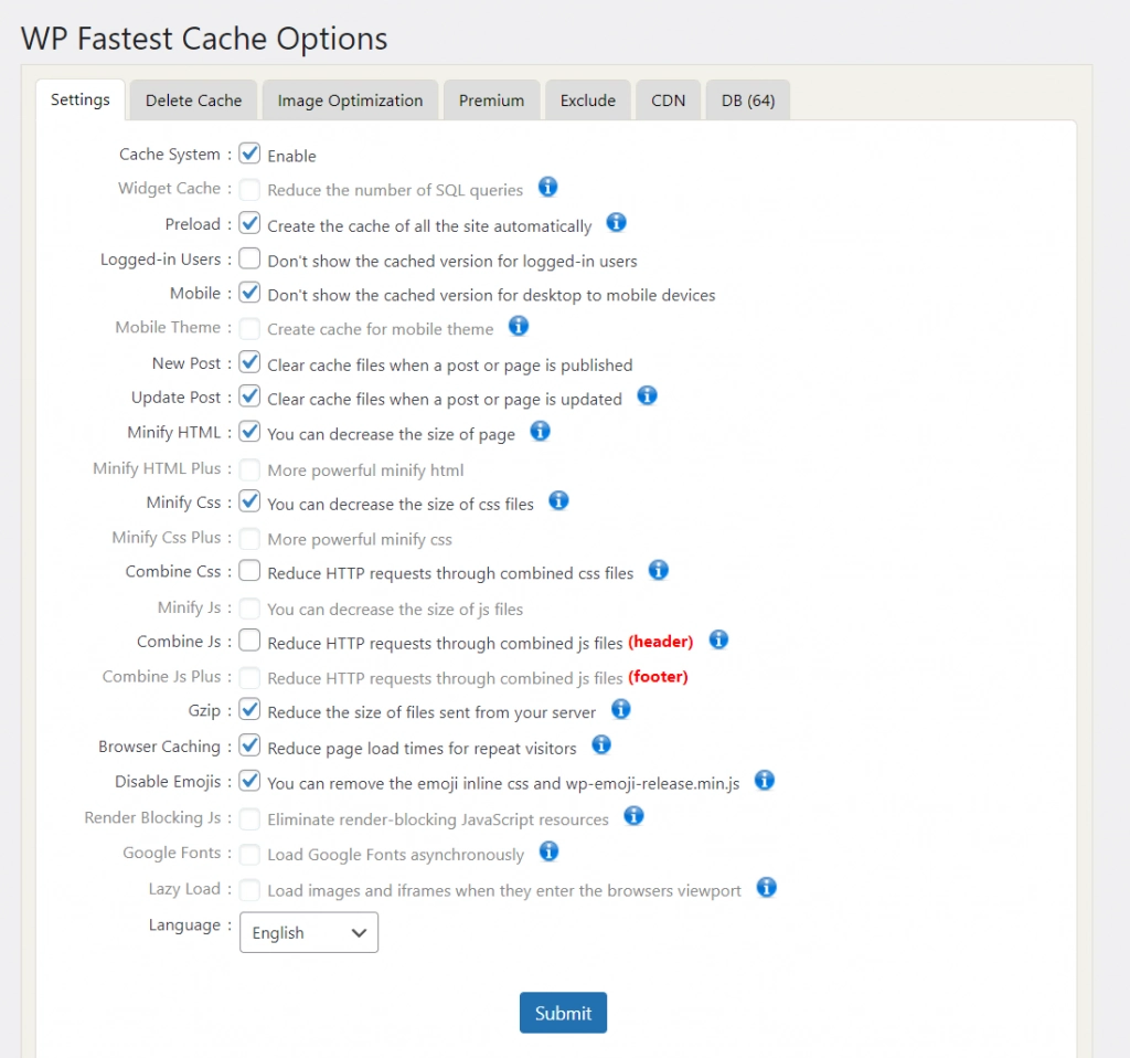 La configuración de caché de WP Fastest Cache consiste en casillas de verificación con explicaciones