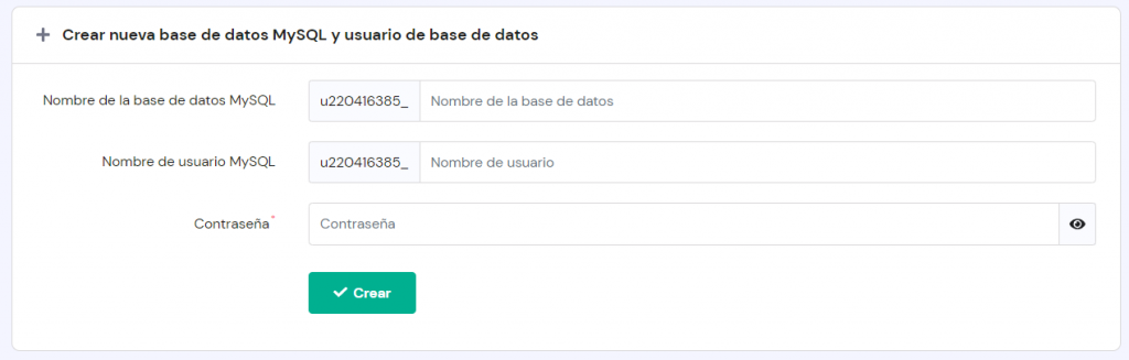 Sección para crear una nueva base de datos MySQL en hPanel.