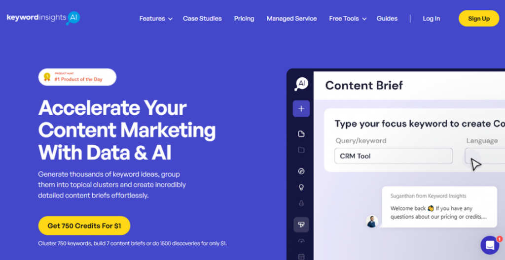 Landing page de la herramienta de inteligencia artificial para SEO KeywordInsights